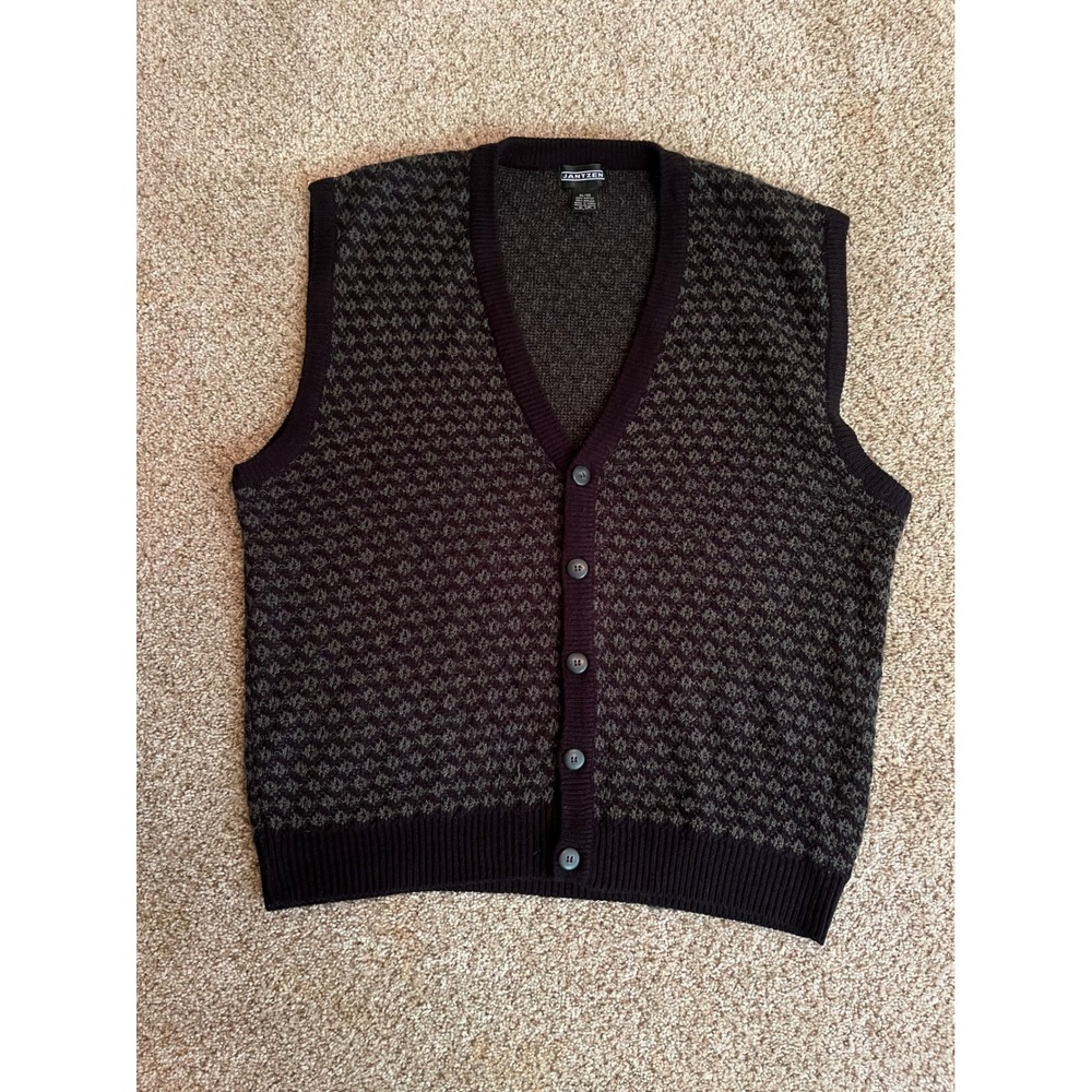 VTG Jantzen Men Cardigan Sweater Vest XL Black Patterned Button Front VNeck Knit